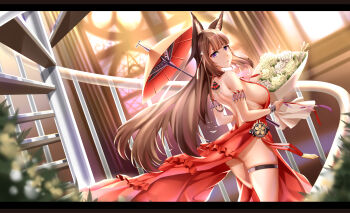 1girl absurdres amagi_(azur_lane) animal_ear_fluff animal_ears armband ass azur_lane bare_shoulders bareback black_border blunt_bangs border bouquet breasts brown_border brown_hair commentary_request dress earrings flower fox_ears frilled_dress frills hair_ornament head_tilt highres holding holding_bouquet holding_umbrella huge_breasts indoors jewelry jfzm001 kitsune kyuubi large_breasts long_hair looking_at_viewer looking_back multiple_tails oil-paper_umbrella parted_bangs plant purple_eyes red_dress short_eyebrows sideboob sleeveless sleeveless_dress spiral_staircase stairs tail thigh_strap umbrella very_long_hair wall window