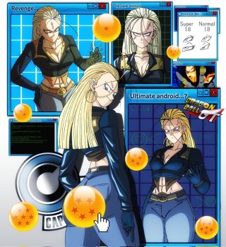 1girl abs android_18 blonde_hair blue_eyes boots breasts commentary dragon_ball dragon_ball_gt earrings english_commentary fusion high-waist_pants highres jacket jewelry large_breasts leather leather_jacket long_hair pants thigh_boots toned toned_female un_koshin1402