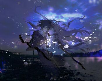 Rule 34 | 2boys, chinese commentary, closed eyes, closed mouth, commentary request, floating hair, gold trim, grey eyes, hair between eyes, hatsutori hajime, heibaihuabing, highres, holding hands, hood, hood down, hooded coat, long hair, long sleeves, male focus, multiple boys, outdoors, photo background, pink hair, saibou shinkyoku, shirt, short hair, smile, spoilers, stole, utsugi noriyuki, very long hair, white shirt