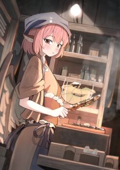 1girl absurdres afterimage animal_ears apron bekkuro bird_ears bird_wings black_sash blue_apron blue_headscarf blush brown_eyes brown_kimono cabinet closed_mouth commentary_request cooking cowboy_shot dutch_angle fanning feathered_wings food from_side glass_bottle hand_fan headscarf highres holding holding_fan holding_skewer indoors japanese_clothes kimono light_bulb looking_at_viewer musical_note musical_note_print mystia_lorelei obi okamisty pink_eyes sash short_hair sideways_glance skewer smoke solo standing sweatdrop touhou touhou_mystia's_izakaya turn_pale wings
