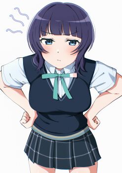 1girl :/ absurdres asaka_karin black_skirt black_sweater_vest blue_eyes blue_shirt blunt_bangs blush breasts closed_mouth collared_shirt commentary cowboy_shot dress_shirt green_ribbon hands_on_own_hips highres large_breasts leaning_forward looking_at_viewer love_live! love_live!_nijigasaki_high_school_idol_club miniskirt neck_ribbon nijigasaki_school_uniform plaid_clothes plaid_skirt pleated_skirt purple_hair ribbon school_uniform shirt short_sleeves skirt solo standing summer_uniform sweater_vest uchuu_no_mozuku v-shaped_eyebrows wolf_cut