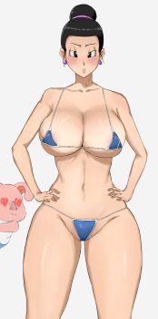 1boy 1girl absurdres black_eyes black_hair blush bra breasts chi-chi_(dragon_ball) dragon_ball dragonball_z earrings embarrassed hair_bun highres jewelry large_breasts long_hair looking_at_viewer navel oolong open_clothes panties pink_shirt purple_earrings shirt simple_background single_hair_bun surprised sweatdrop thick_thighs thighs underwear undressing white_background wide-eyed