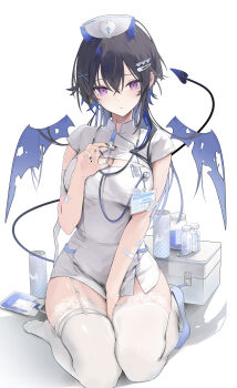 1girl absurdres arm_between_legs bandaged_arm bandages bandaid bandaid_on_arm black_hair black_nails blue_hair blue_horns blue_liquid blue_trim blue_wings bottle breasts can character_name cleavage cleavage_cutout closed_mouth clothing_cutout colored_inner_hair commentary_request crossed_bangs demon_horns demon_tail demon_wings detached_wings dress drink_can fingernails first_aid_kit full_body garter_straps gradient_hair gradient_tail hair_between_eyes hair_ornament hairclip hand_up hat heart heart_hair_ornament high_heels highres holding holding_syringe horns ichinose_uruha id_card intravenous_drip lace lace-trimmed_thighhighs lace_trim large_breasts long_fingernails long_hair looking_at_viewer medicine_bottle medicine_box momochi_tamalu multicolored_hair nail_polish nurse nurse_cap on_ground pill purple_eyes seiza shoes short_dress short_sleeves simple_background single_shoe sitting small_horns solo stethoscope syringe tail thighhighs thighs torn_wings very_long_hair virtual_youtuber vspo! white_background white_dress white_thighhighs wings x_hair_ornament