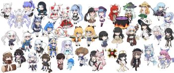 angel bad_tag biryu_soso blonde_hair blue_dress boned_meat book breasts cake cauldron chibi chibi_only commission demon_horns diaper dress eating erikon_(eruge) food fox_girl group_picture hat heterochromia holding holding_book holding_staff holding_sword holding_weapon horns korean_commentary large_breasts matteok meat medium_breasts original pointing priest red_eyes selfie_stick sleeping squeans staff stirring sword weapon white_background white_hair wings witch_hat yellow_eyes