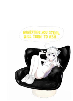 1girl armchair bikini chaika_trabant chair english_text expressionless flat_chest full_body hairband highres hitsugi_no_chaika lolita_hairband looking_at_viewer otaku_can_change_the_world purple_eyes shoes side-tie_bikini_bottom sketch sneakers solo swimsuit v white_hair