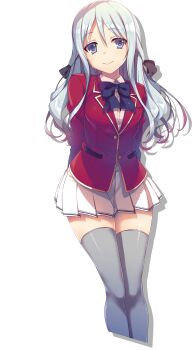 1girl advanced_nurturing_high_school_uniform arms_behind_back black_bow black_bowtie black_ribbon blazer blue_eyes bow bowtie closed_mouth collared_shirt cropped_legs grey_hair grey_thighhighs hair_ribbon highres jacket long_hair long_sleeves looking_at_viewer official_art pleated_skirt red_jacket ribbon school_uniform shiina_hiyori shirt simple_background skirt smile solo thighhighs tomose_shunsaku transparent_background white_shirt white_skirt youkoso_jitsuryoku_shijou_shugi_no_kyoushitsu_e zettai_ryouiki