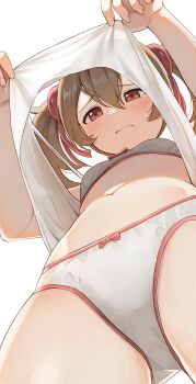 1girl blush bow bow_bra bow_panties bra breasts cameltoe camisole clothes_pull edging_bra edging_panties edging_underwear female_focus from_below hair_between_eyes highres hiroki_(yyqw7151) light_brown_hair looking_at_viewer looking_down matching_underwear navel panties pink_bow red_eyes shirt_pull silica simple_background sleeveless small_breasts solo sword_art_online training_bra twintails underwear underwear_only upshirt white_background white_bra white_camisole white_panties