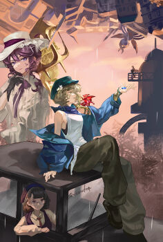 4girls :d absurdres armor beret beryl_bouanich black_gloves black_pants black_shoes blonde_hair blue_coat blue_gemstone blue_neckerchief bow bowtie brown_eyes brown_hair brume_(reverse:1999) car celia_(reverse:1999) coat dress felicienne_(reverse:1999) flower from_side gem glasses gloves hair_flower hair_ornament hand_up hat highres holding holding_gem localized_gravity looking_at_viewer motor_vehicle multiple_girls neckerchief necktie off_shoulder on_car open_clothes open_coat open_mouth pants pink_sky profile purple_bow purple_bowtie purple_dress purple_eyes purple_hair rain red_necktie reverse:1999 round_eyewear shirt shoes short_hair shoulder_armor single_bare_shoulder sitting sky smile tank_top tower white_flower white_hat white_shirt white_tank_top wu_fuzuoyong yellow_eyes