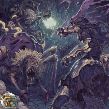 Rule 34 | 00s, 2boys, armor, battle, black hair, bug, cave, dungeon and fighter, fur, light, long hair, male crusader (dungeon and fighter), male focus, male gunner (dungeon and fighter), male priest (dungeon and fighter), monster, multiple boys, outdoors, priest (dungeon and fighter), sharp teeth, spider, teeth, very long hair, yi lee