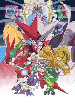 Rule 34 | appmon, cable, charismon, claws, digimon, dogatchmon, gaiamon (appmon), gatchmon, globemon, helmet, highres, looking at viewer, magnifying glass, navimon (appmon), scarf, tail, timemon, yellow eyes