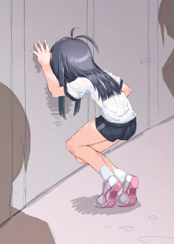 1girl antenna_hair asashio_(kancolle) black_hair black_shorts from_behind gym_shorts gym_uniform hand_on_own_stomach have_to_pee highres indoors kantai_collection long_hair narumiya_(narumiya) people pink_shoes shirt shoes short_sleeves shorts sneakers socks solo_focus textless_version tiptoes white_shirt white_socks