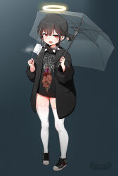 Rule 34 | 1girl, absurdres, black hair, black jacket, black shirt, blush, chocpocalypse, collar, ear piercing, full body, halo, heavy breathing, highres, holding, holding umbrella, jacket, mask, mask around one ear, mouth mask, multicolored hair, open clothes, open jacket, open mouth, original, piercing, red eyes, saliva, saliva trail, shirt, shoes, short twintails, sneakers, solo, spiked collar, spikes, streaked hair, thighhighs, tongue, tongue out, twintails, two-tone hair, umbrella, white thighhighs