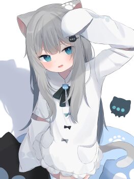 Rule 34 | 1girl, absurdres, animal ears, arm up, blue eyes, blush, cat ears, cat girl, cat hair ornament, cat tail, detached sleeves, dress, fang, grey hair, hair ornament, hashtag-only commentary, highres, indie virtual youtuber, long hair, nachoneko, nekosakaaa, open mouth, paw print, short sleeves, skin fang, solo, tail, very long hair, white dress