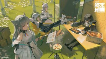 4girls arknights arknights:_endfield bare_shoulders black_gloves black_hair black_pantyhose bodysuit boots character_request commentary_request crossed_legs endministrator_(arknights) feet_on_table female_endministrator_(arknights) fluorite_(arknights) gloves green_eyes green_hair grey_bodysuit highres medium_hair multicolored_gloves multiple_girls pantyhose perlica_(arknights) ponytail thighs toto_(caaaaarrot) two-tone_gloves white_boots yellow_gloves