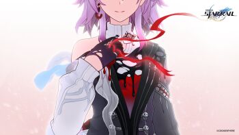 1girl black_dress black_gloves copyright_name copyright_notice dress earrings evernight_(honkai:_star_rail) eyes_out_of_frame gloves half-jacket head_out_of_frame highres honkai:_star_rail honkai_(series) jewelry layered_sleeves light_smile march_7th_(honkai:_star_rail) official_art pink_hair sidelocks single_bare_shoulder single_earring string string_of_fate white_dress