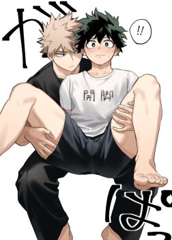 Rule 34 | !, !!, 2boys, :|, bad id, bad pixiv id, bakugou katsuki, barefoot, black pants, black shirt, black shorts, blonde hair, blush, boku no hero academia, bright pupils, closed mouth, clothes writing, collarbone, commentary, crew neck, cut (nifuhami 35), embarrassed, eyebrows hidden by hair, feet, foot out of frame, foreground text, freckles, front-to-back, green eyes, green hair, groping, hair between eyes, hand under clothes, hands on another's thighs, lifting person, looking at another, looking at viewer, looking to the side, male focus, midoriya izuku, multiple boys, pants, print shirt, red eyes, sanpaku, shirt, short sleeves, shorts, simple background, speech bubble, spiked hair, spoken exclamation mark, spread legs, sweatdrop, t-shirt, text background, toes, tsurime, v-shaped eyebrows, white background, white pupils, white shirt, yaoi
