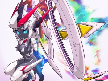 1girl arm_under_breasts arms_across_body big_head blue_eyes boots breasts closed_mouth colored_shadow colored_skin commentary_request dot_mouth dot_nose glowing glowing_eyes grey_skin headgear high_heel_boots high_heels joints kneeling large_breasts long_hair looking_at_viewer mecha mecha_musume mechanical_collar mechanical_hair miyo_(user_xstn5827) original pasties robot robot_ears robot_girl robot_joints shadow sideways_glance solo thick_eyebrows thigh_boots thighhighs white_hair