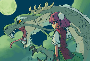 1girl backward-facing_horns bandaged_arm bandages bun_cover claws closed_mouth cloud commentary_request doggo_1d34 double_bun dragon eastern_dragon full_moon green_skirt hair_bun highres horns ibaraki_kasen koutei_(touhou) medium_hair moon one-hour_drawing_challenge open_mouth pink_hair pink_tabard puffy_short_sleeves puffy_sleeves sharp_teeth shirt short_sleeves signature skirt tabard teeth touhou white_shirt