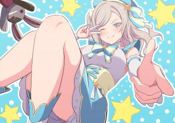1girl absurdres bare_legs beret bloomers blue_background blue_eyes blue_hat blush breasts ceras_yanagida_lilienfeld ceras_yanagida_lilienfeld_(mahou_shoujo_rhythmic_heart) convenient_leg corset detached_sleeves dress fingernails floating grey_hair hair_ribbon hat hat_ornament highres large_breasts link!_like!_love_live! long_hair love_live! magical_girl official_alternate_costume one_eye_closed pointing pointing_at_viewer polka_dot polka_dot_background ribbon shoes short_dress smile smug solo star_(symbol) star_hat_ornament star_symbol_background stuffed_animal stuffed_rabbit stuffed_toy underbust underwear upskirt v v_over_eye yellow_corset zanpon
