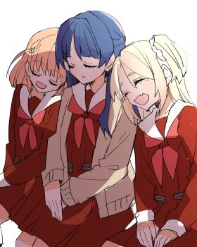 3girls :d ^_^ blonde_hair blue_hair brown_cardigan cardigan closed_eyes commentary_request dress fang flower hair_flower hair_ornament half_updo hasu_no_sanrenka hasu_no_sora_school_uniform highres hinoshita_kaho kanduki_kamibukuro leaning_on_person light_particles link!_like!_love_live! long_sleeves love_live! medium_dress multiple_girls murano_sayaka neckerchief open_cardigan open_clothes open_mouth orange_hair osawa_rurino pink_flower pleated_dress rabbit_hair_ornament red_dress red_neckerchief sailor_collar sailor_dress school_uniform simple_background sitting sleeping sleeping_upright smile twintails two_side_up u_u virtual_youtuber white_background white_sailor_collar winter_uniform