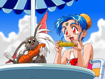 1girl 1other :d aqua_hair blue_sky bun_cover cabbit carrot chair cloud corn day facial_mark food forehead_mark holding holding_food masaki_sasami_jurai non-web_source official_art open_mouth pink_eyes ryou-ouki shiny_skin sky smile swimsuit table tenchi_muyou! umbrella