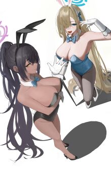 Rule 34 | 1girl, absurdres, animal ear hairband, animal ears, aqua bow, aqua bowtie, asuna (blue archive), asuna (bunny) (blue archive), bare legs, black hair, black leotard, black shoes, blonde hair, blue archive, blue eyes, blue halo, blue leotard, bow, bowtie, breasts, cand, cleavage, commentary, crossed arms, dark-skinned female, dark skin, detached collar, fake animal ears, from above, gloves, grey pantyhose, hair over one eye, hairband, halo, highres, karin (blue archive), karin (bunny) (blue archive), koto (wcps7355), large breasts, leotard, mole, mole on breast, pantyhose, playboy bunny, ponytail, purple halo, rabbit ears, rabbit tail, shoes, simple background, solo, strapless, strapless leotard, tail, white background, white gloves, white shoes, wrist cuffs, yellow eyes