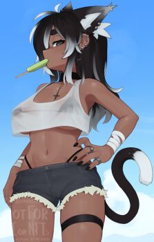 1girl animal_ears bandaged_arm bandages barbell_piercing bare_arms bare_shoulders bikini bikini_under_clothes black_bikini black_eyes black_hair black_nails borrowed_character breasts cat_ears cat_girl cat_tail commentary cowboy_shot crop_top crop_top_overhang cross cross_earrings cross_necklace cutoffs dark-skinned_female dark_skin ear_piercing earclip earrings english_commentary extra_ears food food_in_mouth gradient_hair grey_shorts hand_on_own_hip highres industrial_piercing jewelry large_breasts long_hair looking_at_viewer makina_(makinakid) midriff multicolored_hair nail_polish navel necklace original panty_straps piercing popsicle popsicle_in_mouth ring see-through_clothes shiny_skin short_shorts shorts solo string_bikini swimsuit tail thick_eyebrows thigh_strap underboob watermark white_hair yoako
