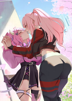 2girls ahoge ass belt black_pants blouse blush bow breast_press breasts build_driver bush cherry_blossoms closed_eyes commentary commission cowboy_shot demon_girl demon_horns demon_tail eyelashes flower frilled_skirt frills hair_ornament hands_up heart heart_ahoge heart_hair_ornament high_ponytail highres holding_hands hololive hololive_english holomyth horns huge_ass ironmouse ironmouse_(1st_costume) kiss large_breasts long_sleeves monobe_yuri mori_calliope mori_calliope_(streetwear) multicolored_hair multiple_girls o-ring open_mouth outdoors pants parted_bangs petals pink_bow pink_hair pink_shirt ponytail puffy_long_sleeves puffy_sleeves purple_hair shirt single_thighhigh skeb_commission skirt sky sparkle star_(symbol) streaked_hair sunlight symmetrical_docking tail thighhighs thighs two_side_up virtual_youtuber vshojo yuri
