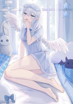 1girl angel angel_wings arm_support armor bare_legs barefoot bed bed_sheet blanket blue_eyes blue_nightgown blush camisole cloud commentary_request curtains enokitake feathered_wings feet highres indoors japanese_armor mobile nightgown on_bed original pillow shoulder_armor sitting sleep_mask sode solo star_(symbol) stuffed_animal stuffed_bat stuffed_rabbit stuffed_toy thighs toes white_hair window wings yawning