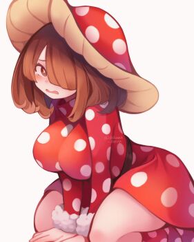 1girl absurdres boku_no_hero_academia brown_eyes brown_hair chikuwa_savy commentary_request dress hair_over_one_eye hat highres komori_kinoko mushroom_hat mushroom_on_head open_mouth polka_dot polka_dot_dress red_dress red_hat simple_background solo symbol-shaped_pupils white_background x-shaped_pupils