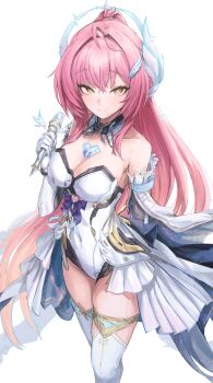 Rule 34 | 1girl, absurdres, aemeath (wuthering waves), ahoge, bare shoulders, breasts, cleavage, closed mouth, commentary, covered navel, elbow gloves, gabang, gloves, hair intakes, hair ornament, highres, holding, holding microphone, large breasts, leotard, long hair, looking at viewer, microphone, orange eyes, pink hair, ponytail, showgirl skirt, simple background, skirt, smile, solo, star-shaped pupils, star (symbol), strapless, strapless leotard, symbol-shaped pupils, tacet mark (wuthering waves), thighs, white background, white gloves, white leotard, white skirt, wuthering waves