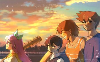 1girl 3boys antenna_hair artist_name aubrey_(faraway)_(omori) aubrey_(omori) baseball_bat black_eyes black_hair black_sweater_vest blue_eyes blue_hairband blue_sky blush brown_hair closed_eyes closed_mouth cloud collarbone collared_shirt commentary dark-skinned_male dark_skin double-parted_bangs english_text evening grin hair_between_eyes hairband hero_(faraway)_(omori) hero_(omori) highres holding holding_baseball_bat jacket kel_(faraway)_(omori) kel_(omori) long_hair looking_at_another multiple_boys nail_(hardware) nail_bat nat_omogu omori outdoors pink_hair shirt short_hair sidelocks sky smile sunny_(omori) sunset sweater_vest symbol-only_commentary teeth twitter_username white_jacket white_shirt