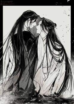 Rule 34 | 2boys, aki uzuzame, bishounen, black hair, black hanfu, border, chinese clothes, commentary request, couple, eye contact, face-to-face, falling petals, from side, greyscale, hair bun, hair down, hair ribbon, half updo, hand on another's cheek, hand on another's face, hanfu, highres, hug, lan wangji, long hair, long sleeves, looking at another, male focus, modao zushi, monochrome, multiple boys, official alternate hairstyle, parted lips, petals, profile, ribbon, robe, sitting, topknot, upper body, very long hair, wei wuxian, wei wuxian (yiling laozu), white hanfu, wide sleeves, xiao guan (headdress), yaoi