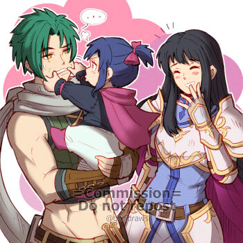 1boy 2girls armor astrid_(fire_emblem) baby black_hair cape carrying carrying_baby carrying_person cheek_pinching closed_eyes commission commissioner_upload estelle_(loneshadowstar) fingerless_gloves fire_emblem fire_emblem:_radiant_dawn gloves green_hair green_vest gzei highres if_they_mated long_hair multiple_girls nintendo non-web_source o3o original pauldrons pinching ponytail purple_cape shoulder_armor sothe_(fire_emblem) vest vgen_commission