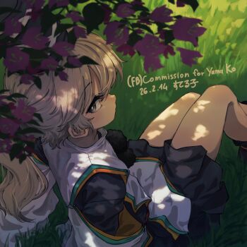 Rule 34 | 1girl, absurdres, artist name, black skirt, commentary, commentary request, commission, commissioner name, dated, english commentary, grass, grey eyes, grey hair, highres, japanese clothes, kariginu, long hair, looking at viewer, mixed-language commentary, mononobe no futo, on ground, ponytail, sitting, skirt, solo, suteruko, touhou