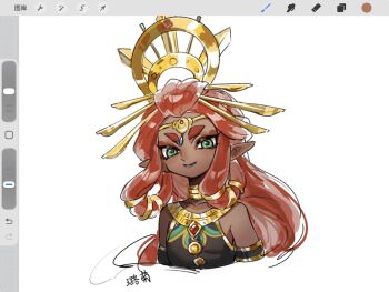 1girl aqua_eyes art_program_in_frame collarbone dark-skinned_female dark_skin gerudo gucandiyi52092 highres jewelry long_hair looking_at_viewer nintendo pointy_ears red_hair riju sidelocks simple_background solo the_legend_of_zelda the_legend_of_zelda:_breath_of_the_wild tiara upper_body white_background