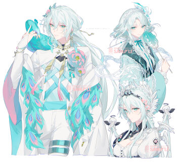 1girl absurdres anchun_(quail0503) aqua_eyes asymmetrical_bangs bird black_halo blue_hanfu bracelet breast_cutout bridal_gauntlets chinese_clothes closed_mouth cowboy_shot frills hair_ornament hairband halo hand_fan hanfu highres holding holding_fan jewelry long_hair long_sleeves looking_at_viewer mandarin_collar multiple_views original pants parted_bangs parted_lips peacock shawl smile white_background white_hair white_pants wide_sleeves