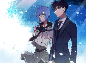 1boy 1girl ayanami_rei belt black_hair black_vest blue_hair brown_eyes buttons collared_jacket collared_shirt dress dress_shirt dress_under_shirt gold_buttons grey_dress grey_skirt highres ikari_shinji jacket looking_at_another necktie neon_genesis_evangelion pants petals red_eyes shirt short_hair skirt tree vest white_shirt wind yoshio_296