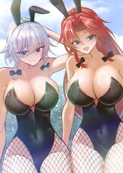2girls absurdres black_leotard blue_eyes braid breasts cleavage closed_mouth collarbone covered_navel fishnets grey_hair highres hong_meiling izayoi_sakuya large_breasts leotard long_hair multiple_girls open_mouth parted_bangs playboy_bunny red_hair swept_bangs tofuandsoup touhou twin_braids