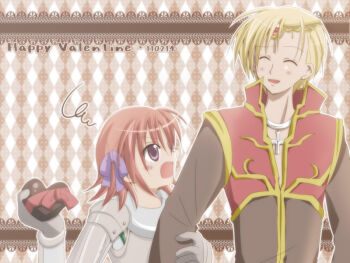 Rule 34 | 1boy, 1girl, argyle background, arm hug, armor, asymmetrical bangs, black coat, blonde hair, blush, breastplate, candy, chocolate, chocolate heart, circlet, closed eyes, coat, commentary request, cross, cross necklace, dated, food, gauntlets, gold trim, happy valentine, heart, heart-shaped food, hetero, jewelry, knight (ragnarok online), long sleeves, looking at another, multicolored coat, necklace, open mouth, pauldrons, pink hair, priest (ragnarok online), purple eyes, ragnarok online, red coat, sharari, short hair, shoulder armor, smile, two-tone coat, upper body, valentine