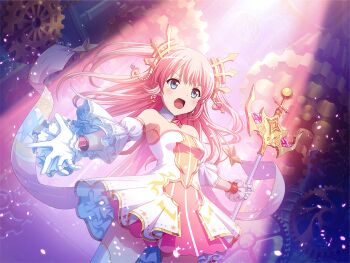 1girl blue_eyes detached_sleeves dress earrings frilled_dress frilled_sleeves frills game_cg gears gloves headpiece holding holding_staff jewelry long_hair looking_at_viewer nonomiya_lalafin official_art open_mouth outstretched_arms pink_hair shoujo_kageki_revue_starlight shoujo_kageki_revue_starlight_-re_live- solo spotlight staff standing strapless strapless_dress tarot two_side_up upper_body v-shaped_eyebrows white_dress white_gloves white_sleeves
