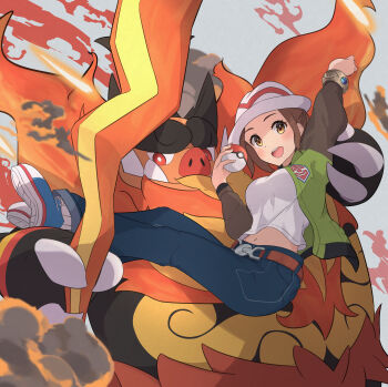 1girl absurdres blue_pants breasts brown_eyes brown_hair brown_jacket carrying denim emboar fire gen_5_pokemon green_jacket harmony_(pokemon) hat highres jacket jeans looking_at_viewer medium_breasts mega_emboar midriff_peek multicolored_jacket nintendo pants poke_ball poke_ball_(basic) pokemon pokemon_(creature) pokemon_legends:_z-a princess_carry shirt smile suborofu two-tone_jacket white_hat white_shirt