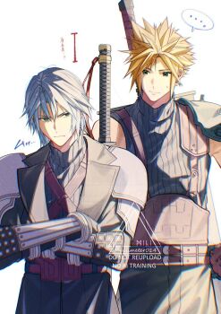 Rule 34 | ..., 2boys, aqua eyes, armor, belt, black jacket, black pants, blonde hair, brown belt, buster sword, chest strap, cloud strife, commentary request, crossed arms, final fantasy, final fantasy vii, final fantasy vii: ever crisis, frown, furrowed brow, grey hair, hair between eyes, jacket, looking at another, male focus, multiple belts, multiple boys, pants, pauldrons, sephiroth, sephiroth (ever crisis), short hair, shoulder armor, single bare shoulder, single pauldron, sleeveless, sleeveless turtleneck, spiked hair, spoken ellipsis, suspenders, sweatdrop, sword, sword on back, turtleneck, twitter username, upper body, vambraces, weapon, weapon on back, yunyunonigiri