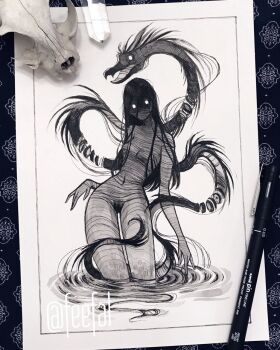 Rule 34 | 1girl, black hair, breasts, commentary, completely nude, dragon, english commentary, feefal, female pubic hair, glowing, glowing eyes, highres, long hair, looking at viewer, navel, no nipples, nude, original, partially submerged, pen (medium), pubic hair, skull, solo, traditional media, water