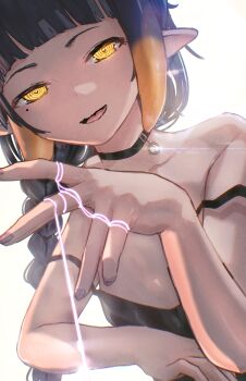 1girl absurdres advarcher bare_shoulders black_camisole blunt_bangs camisole commentary double_strap_slip english_commentary gradient_hair highres hololive hololive_english long_hair looking_at_viewer mole mole_under_eye multicolored_hair ninomae_ina'nis open_mouth orange_hair pointy_ears purple_hair sidelocks smile solo strap_slip tentacle_hair virtual_youtuber