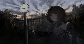 1girl ahoge bag black_coat brown_eyes brown_hair clock coat commentary evening fence grey_scarf hand_up highres long_sleeves original outdoors parted_lips plaid_clothes plaid_scarf qian_(ochaatui33) scarf school_bag short_hair solo upper_body