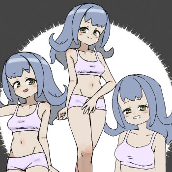 1girl absurdres black_background blue_hair blush boyshort_panties bra breasts collarbone grin highres long_hair looking_at_viewer multiple_views navel nijitama_shiyushiyu open_mouth original panties purple_bra purple_panties small_breasts smile standing teeth underwear yellow_eyes