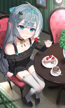 1girl absurdres ahoge alternate_costume armpit_crease black_choker black_dress black_shoes blue_bow blue_eyes blue_hairband bow breasts cake chair chewing choker commentary cup dress dutch_angle eating elfe_art female_tyrant_(stella_sora) food food_on_face fork from_above fruit grey_hair hair_bow hairband highres indoors loafers long_hair off-shoulder_dress off_shoulder plant pointy_ears potted_plant saucer shoes sitting small_breasts solo stella_sora strawberry strawberry_shortcake table tea teacup teaspoon thighhighs tyrant_(stella_sora) very_long_hair white_thighhighs