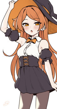 1girl :o arm_up binsen black_skirt black_sleeves blush bow bowtie breasts brown_pantyhose cowboy_shot detached_sleeves halloween_costume hat high-waist_skirt highres idolmaster idolmaster_million_live! long_hair looking_at_viewer ogami_tamaki open_mouth orange_bow orange_bowtie orange_eyes orange_hair pantyhose puffy_detached_sleeves puffy_sleeves shirt simple_background skirt sleeveless sleeveless_shirt solo standing white_background white_shirt witch witch_hat