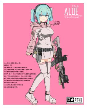 1girl absurdres ammunition_pouch ar-15 artist_name assault_rifle belt belt_pouch blue_eyes blue_hair blush border breasts buckle character_age character_name character_profile chest_rig chinese_text cyborg dated ear_protection english_text flashlight full_body glock grey_belt grey_jacket gun gun_sling handgun headset highres holding holding_gun holding_weapon holster hood hooded_jacket jacket kochiya_tenko laser_sight magazine_(weapon) mechanical_collar mechanical_legs medium_breasts medium_hair multicolored_jacket muzzle_device open_mouth optical_sight original pink_background pouch rifle science_fiction signature skindentation sleeves_past_wrists smile snap-fit_buckle solo standing tactical_clothes thighhighs trigger_discipline twintails two-tone_jacket unit_patch vertical_foregrip weapon white_border zettai_ryouiki